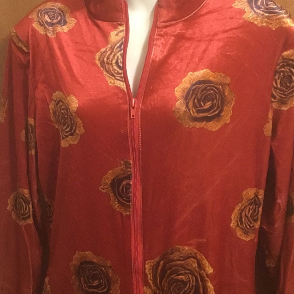 Oyrosy Elegant Red Floral Rose Velvet Zip up  Long Sleeve  Retro Jumpsuit M - Picture 12 of 13